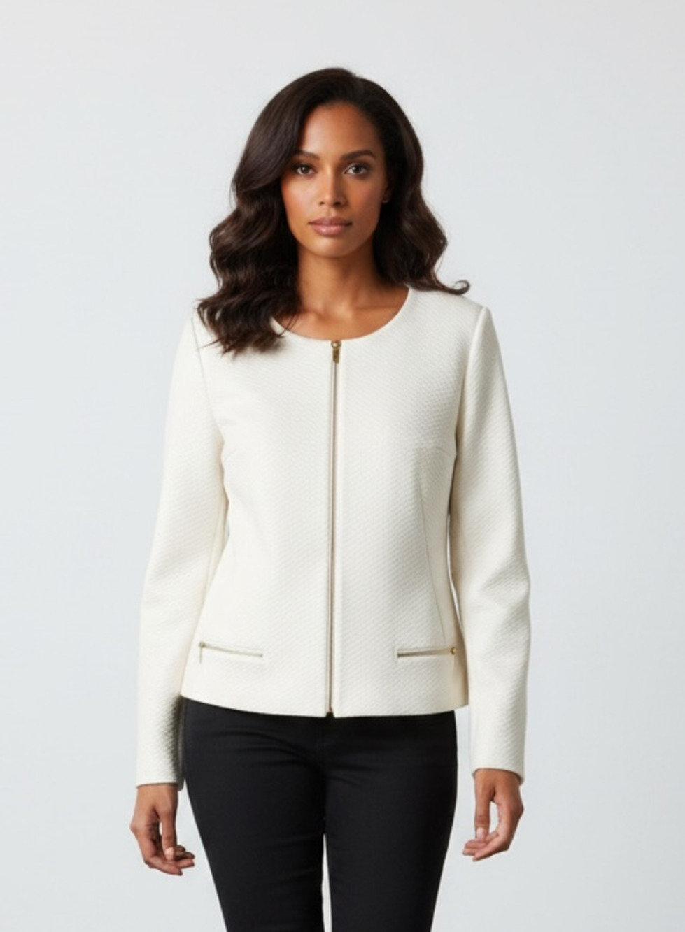 EMOI Quilted Zip-Front Cream Jacket